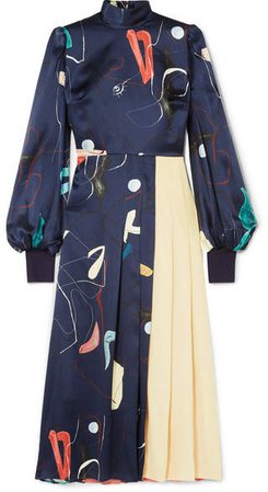 Ayva Printed Silk-satin And Pleated Silk-chiffon Maxi Dress - Midnight blue