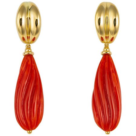 Vintage Tiffany and Co. Carved Coral Drop Earrings For Sale at 1stDibs