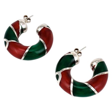 Vintage Gucci Sterling Silver Red and Green Enamel Designer Hoop Earrings