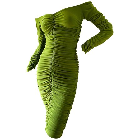 Norma Kamali Green Off the Shoulder Long Sleeve Parachute Dress