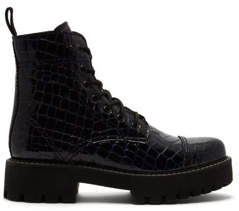 Crocodile Effect Leather Boots - Womens - Navy