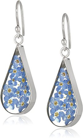 Sterling Silver Blue Pressed Flower Teardrop Earrings