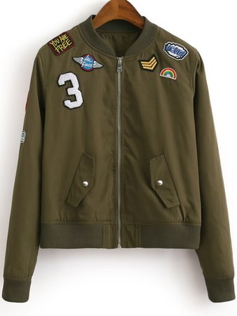 Army Green Zipper Front Badge Embroidery Jacket
