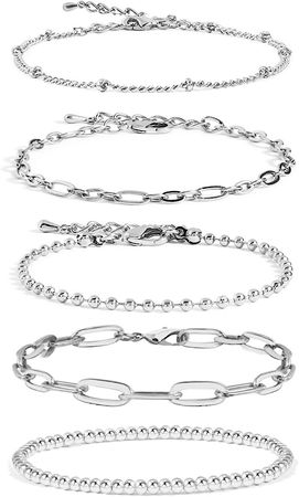 Amazon.com: CONRAN KREMIX Silver Chain Bracelet Sets for Women Girls White Gold Plated Dainty Link Paperclip Bracelets Stake Adjustable Layered Bracelet for Women Trendy Silver Jewelry For Women: Clothing, Shoes & Jewelry