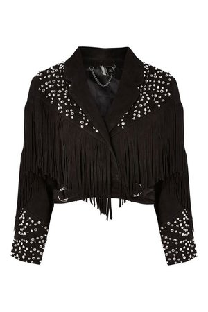 Topshop black suede studded fringe 80s jacket