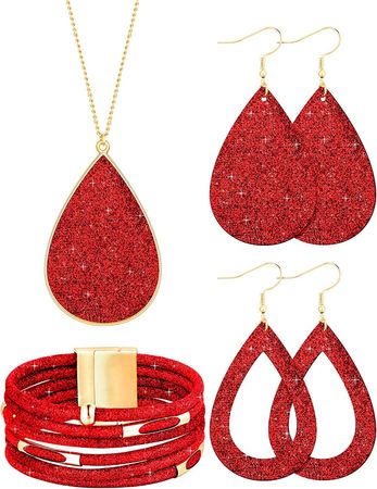 Amazon.com: Hicarer 4 Pieces Women's Glitter Jewelry Set Bridal Wedding Multi-Layer Bracelet Faux Leather Dangle Earrings Necklace (Red): Clothing, Shoes & Jewelry