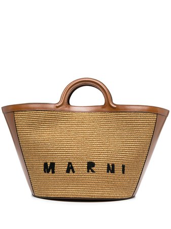 Marni logo-embroidered raffia tote bag