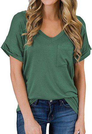 MIHOLL Women's Short Sleeve V-Neck Shirts Loose Casual Tee T-Shirt at Amazon Women’s Clothing store