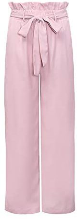 Xintianji Women Frilled Waist Palazzo Cropped Pants Casual Wide Leg Trouser Belted with Pockets(5#Pink, Small) at Amazon Women’s Clothing store