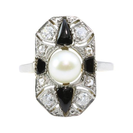 Art Deco Pearl Onyx & Diamond Dress Ring | RH Jewellers