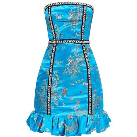 Premium Blue Jacquard Bandeau Frill Bodycon Dress