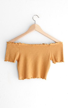 Yellow Ribbed Off The Shoulders Lettuce Trim Crop Top