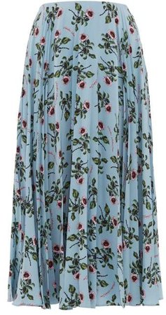 Rose And Lip Print Pleated Silk Skirt - Womens - Light Blue