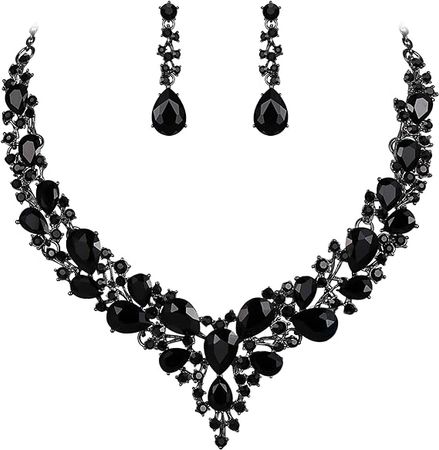 Amazon.com: BriLove Wedding Bridal Necklace Earrings Jewelry Set for Women Austrian Crystal Teardrop Cluster Statement Necklace Dangle Earrings Set Black Black-Silver-Tone: Clothing, Shoes & Jewelry