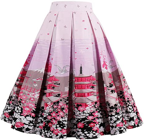 Dressever Women's Vintage A-line Printed Pleated Flared Midi Skirts Blue Flower Small at Amazon Women’s Clothing store