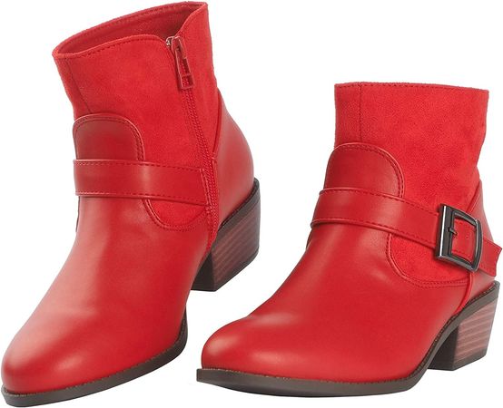 Amazon.com | Trary Ankle Boots for Women Round Toe Low Heel Womens Ankle Boots Side Zipper Booties Winter with Buckle,with Fleece Linning | Ankle & Bootie