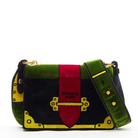 new PRADA Cahier Pop Tromp Loeil green black red velvet crossbody shoulder bag For Sale at 1stDibs