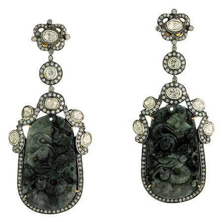 Black Carved Jade Earring with Diamonds For Sale at 1stDibs | carved jade earrings