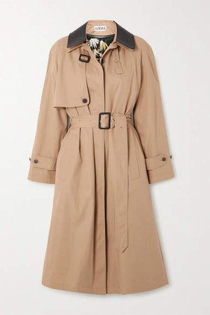 Leather-trimmed Cotton And Silk-blend Trench Coat - Beige