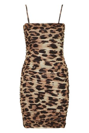 Tall Leopard Ruched Mini Dress | boohoo brown