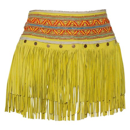 Just Cavalli Neon Yellow Leather Fringed Tribal Mini Skirt M