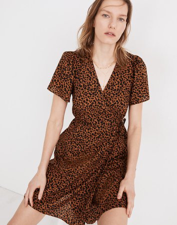 Flutter-Sleeve Wrap Mini Dress in Painted Leopard