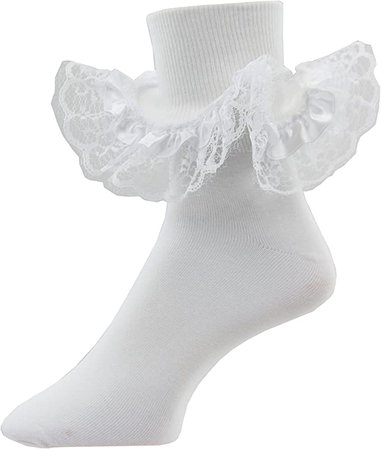 Fancy White Lace Trim Cotton Ankle Socks with Satin Ribbon for Women at Amazon Women’s Clothing store: Dress Socks