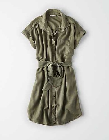 AE Button Down Shirt Dress, Olive | American Eagle Outfitters
