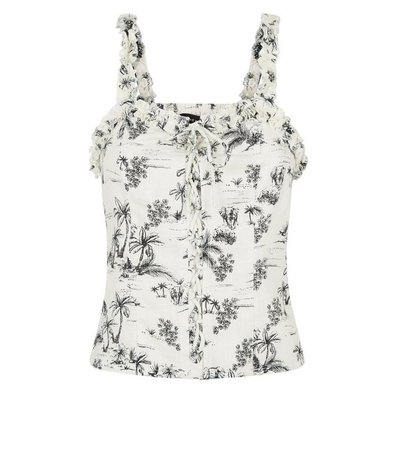 White Tropical Print Linen-Look Cami | New Look