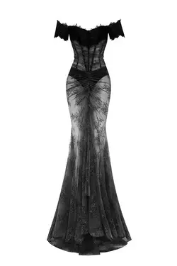 Off-the-shoulder corset lace gown black 5G010 – RASARIO