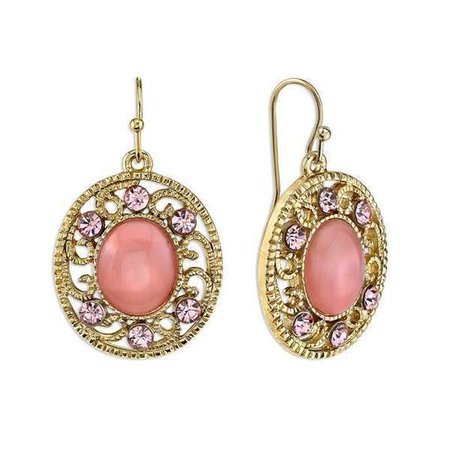 Gold Tone Pink Moonstone with Light Pink Crystal Drop Earrings