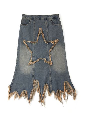 2023 Star Patch Distressed Denim Maxi Skirt Blue M In Skirts Online Store. Best For Sale | Emmiol.com