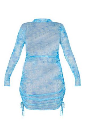 Blue Tie Dye Mesh Ruched Long Sleeve Bodycon Dress | PrettyLittleThing