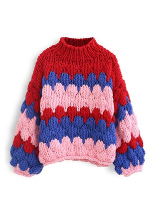 Color Blocked High Neck Hand-Knit Chunky Sweater in Red - Retro, Indie and Unique Fashion