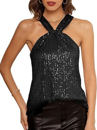 GRACE KARIN Women's Sequin Sparkle Tank Tops Halter Neck Keyhole Knot Slim Fit Cocktail Tops at Amazon Women’s Clothing store