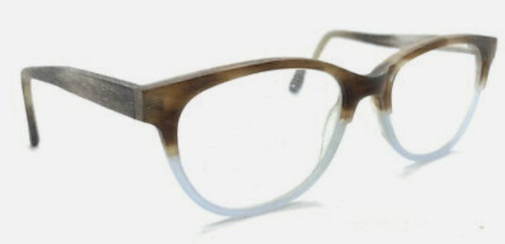 brown blue rimmed glasses