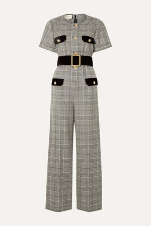 Gray Belted velvet-trimmed Prince of Wales checked wool jumpsuit | Gucci | NET-A-PORTER