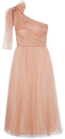 One-shoulder Pleated Point D'esprit Tulle Midi Dress - Pink