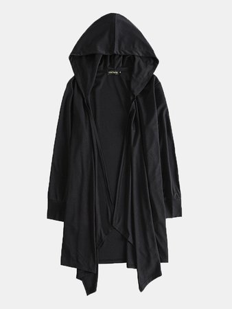 Mens Mid Long Style Irregular Hem Shawl Collar Black Cloak Hooded Casual Cardigan Cheap Online - NewChic