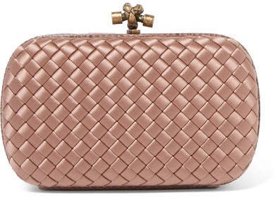 The Knot Watersnake-trimmed Intrecciato Satin Clutch - Antique rose