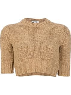 brown knit quarter sleeve cropped sweater top