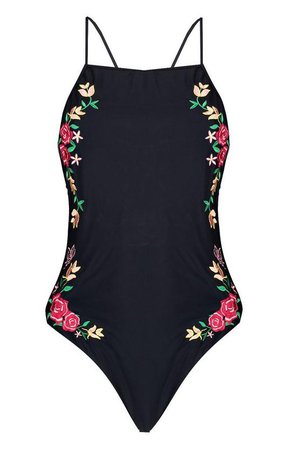 Kamalame Embroidered Low Back Swimsuit | Boohoo