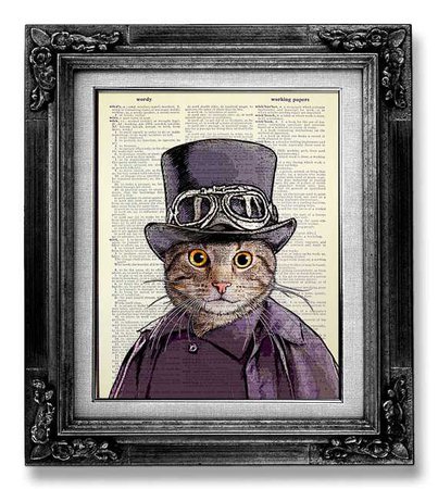 STEAMPUNK Cat Decor DICTIONARY Art Print Dictionary Paper