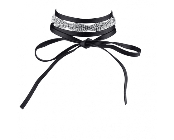 Black Pu Leather and Silver Tone Crystal Braided Wrap Choker - Necklaces