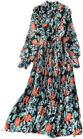 HWYBHT Spring Summer Vintage Floral Print Women Dress Casual A-Line Elegant Holiday Pleated Chiffon Midi Dress Black One Size at Amazon Women’s Clothing store