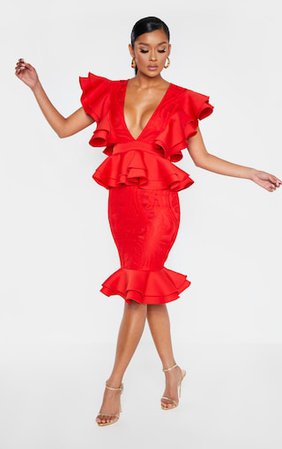 Red Ruffle Detail Plunge Midi Dress | Dresses | PrettyLittleThing USA