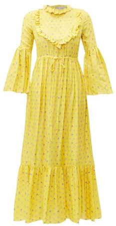 Tessa Ruffled Floral Print Satin Dress - Womens - Yellow