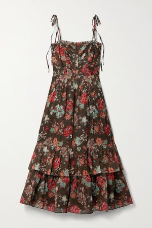 Loraine Tiered Pleated Floral-print Cotton And Silk-blend Midi Dress - Brown