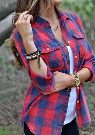 Plaid Pocket Turn-Down Collar Shirt without Necklace - Bellelily