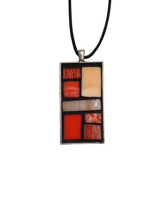 Orange Geometric Stained Glass Mosaic Necklace, Tangerine Canteloupe Color Block Necklace